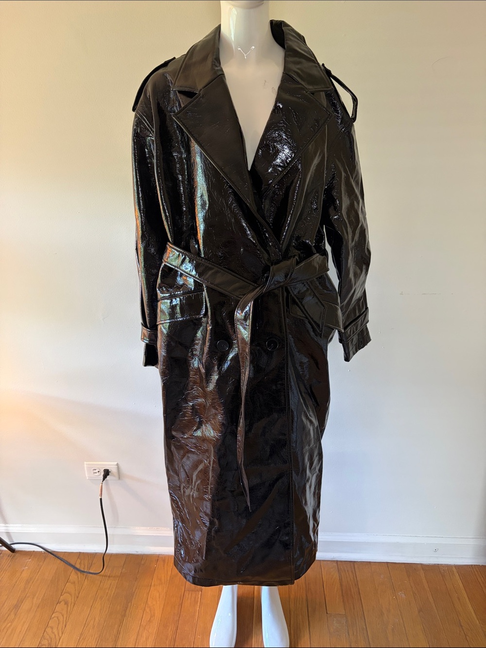 Express Black Patent Long Trench Coat with Belt